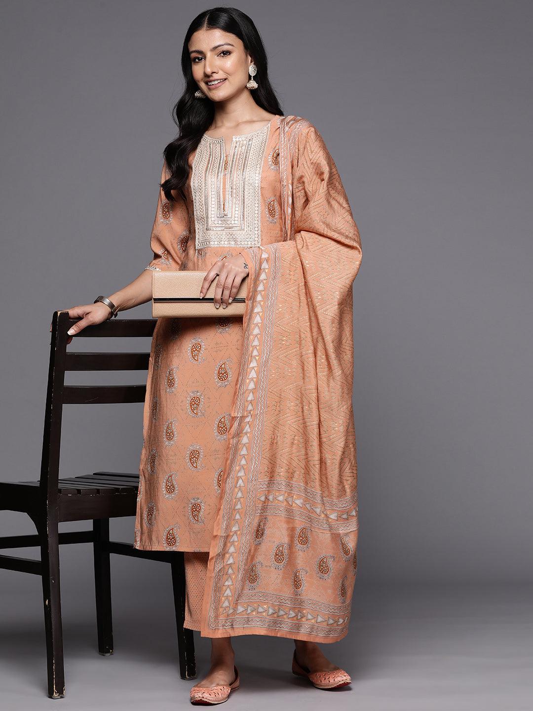 Peach Yoke Design Silk Blend Straight Suit Set With Trousers - ShopLibas