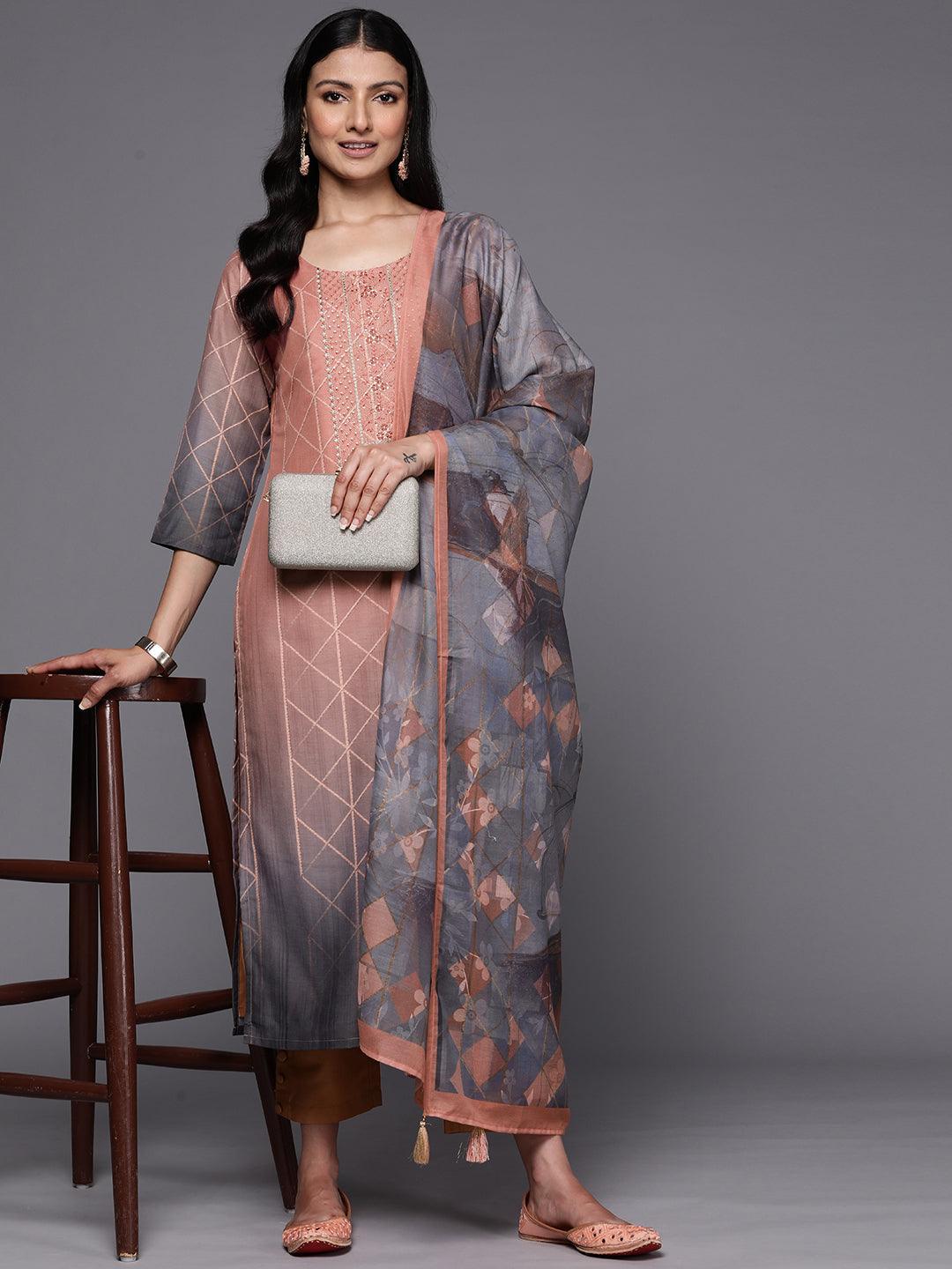 Peach Yoke Design Silk Blend Straight Suit Set With Trousers - ShopLibas