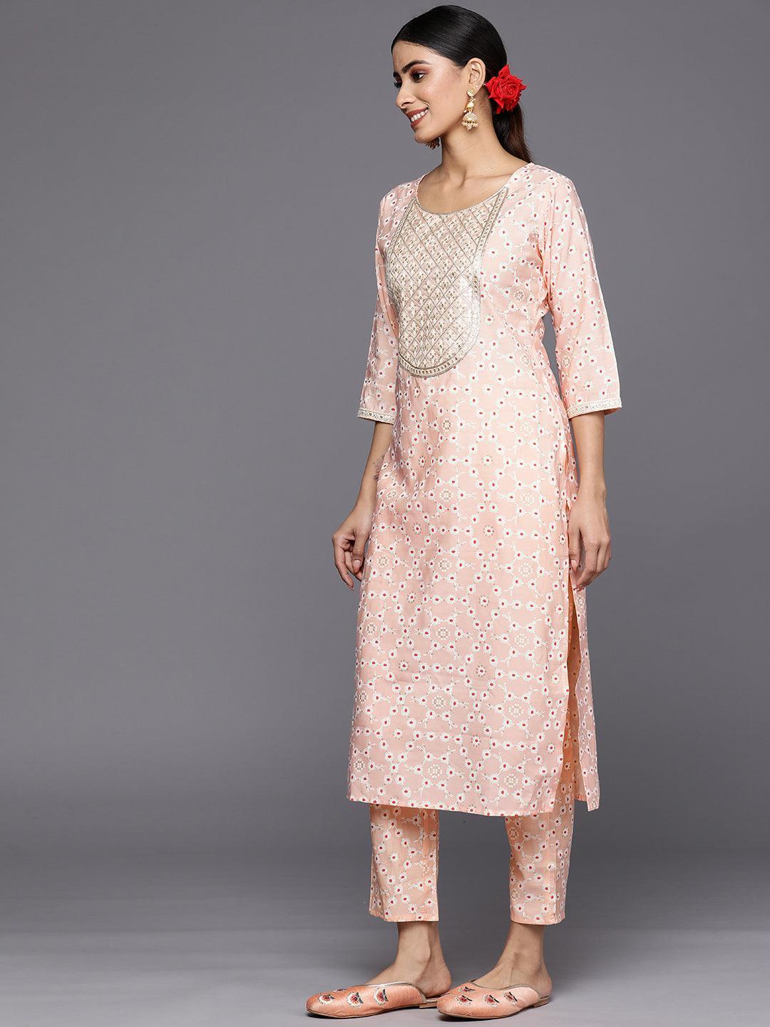 Peach Yoke Design Silk Blend Straight Suit Set With Trousers