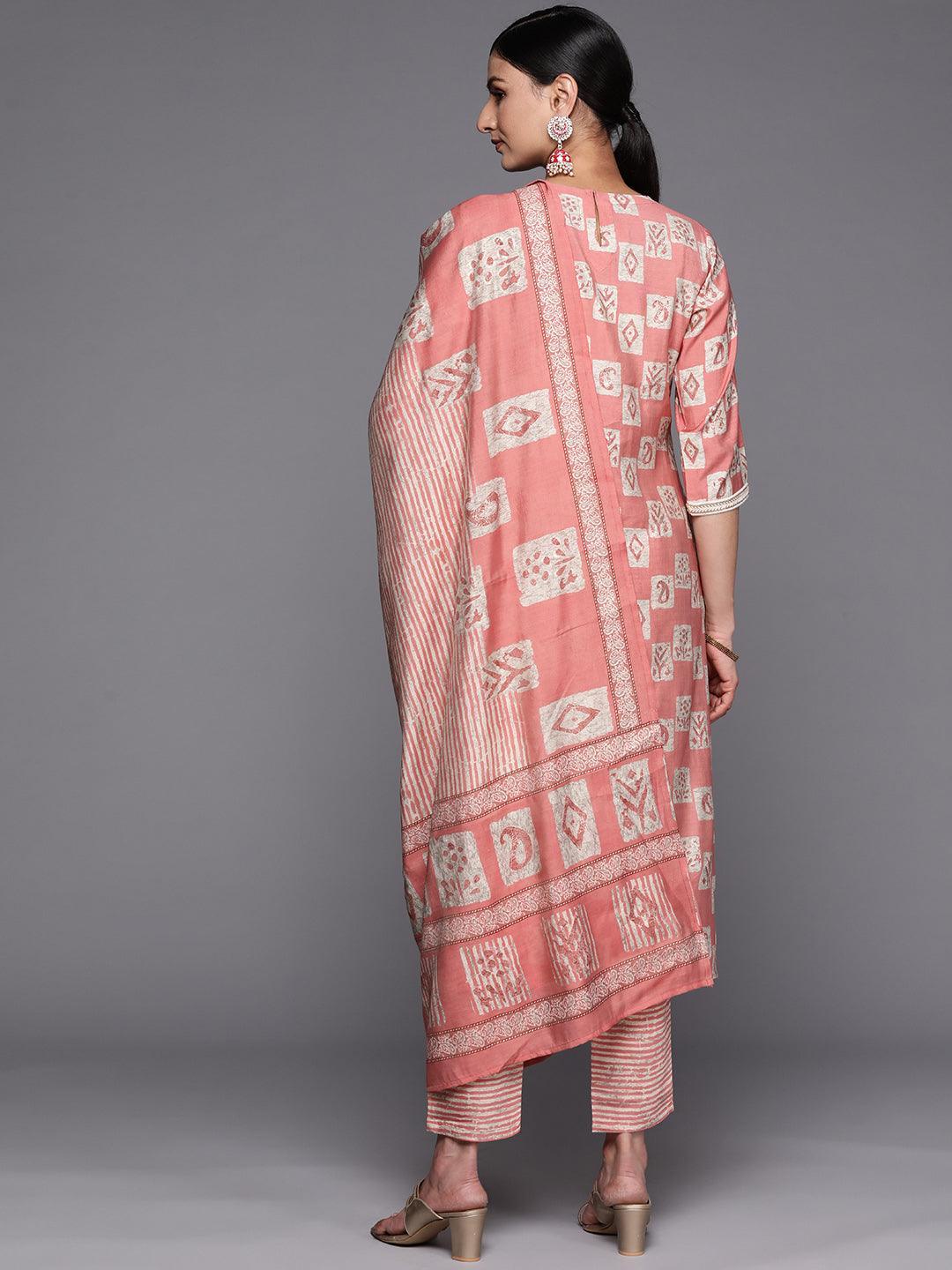 Peach Yoke Design Silk Blend Straight Suit Set With Trousers