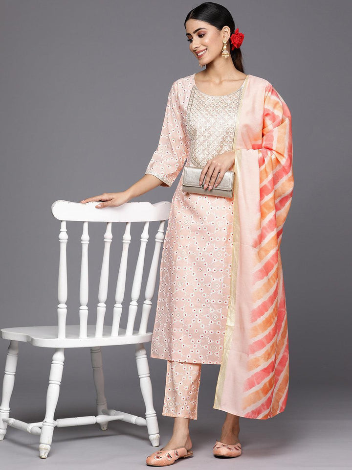 Peach Yoke Design Silk Blend Straight Suit Set With Trousers - ShopLibas