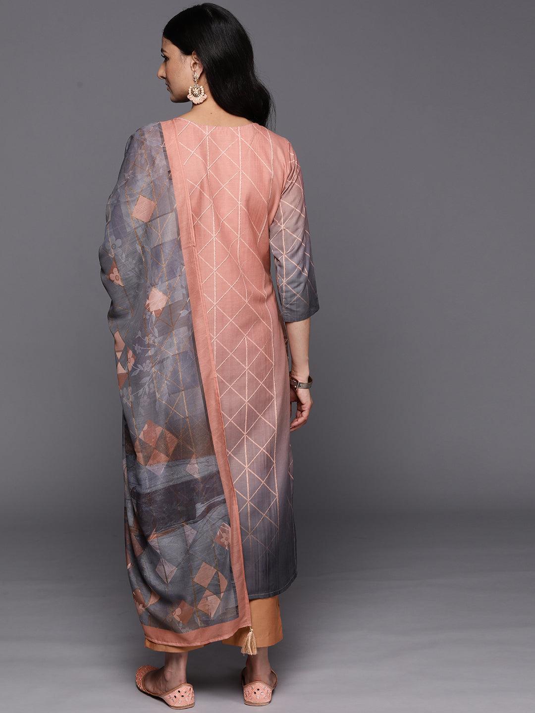 Peach Yoke Design Silk Blend Straight Suit Set With Trousers - ShopLibas