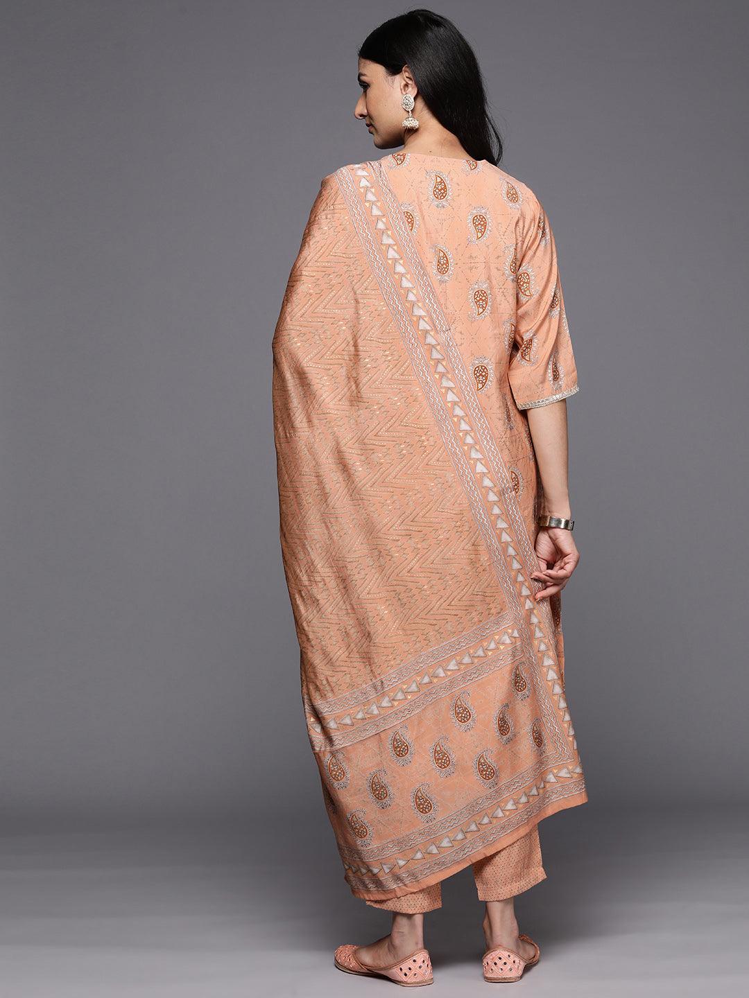 Peach Yoke Design Silk Blend Straight Suit Set With Trousers