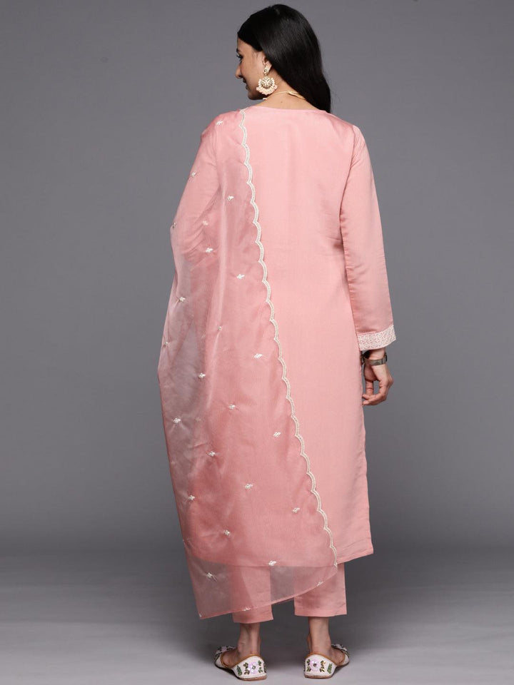 Peach Yoke Design Silk Blend Straight Suit Set With Trousers - ShopLibas