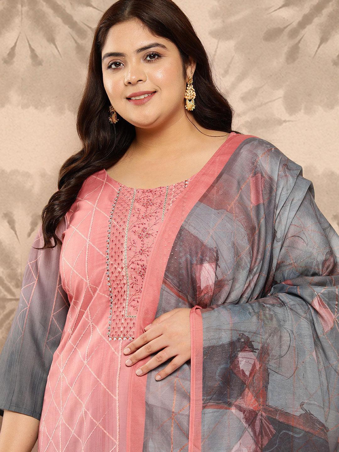 Peach Yoke Design Silk Blend Straight Kurta With Trousers and Dupatta - Libas