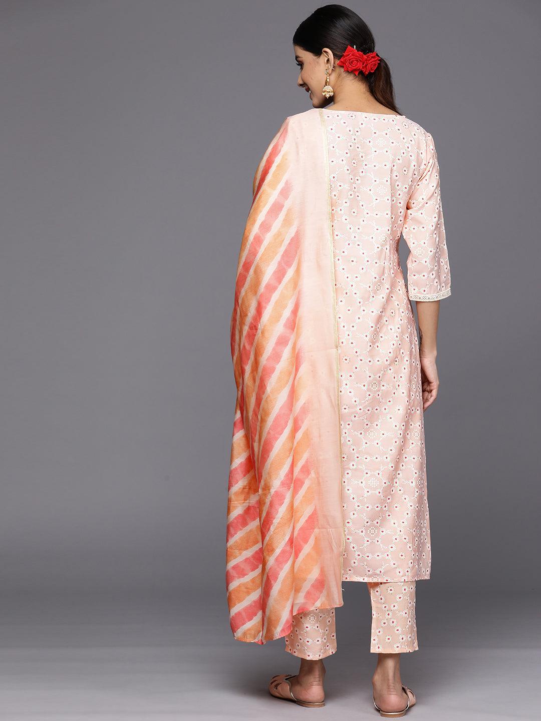 Peach Yoke Design Silk Blend Straight Suit Set With Trousers