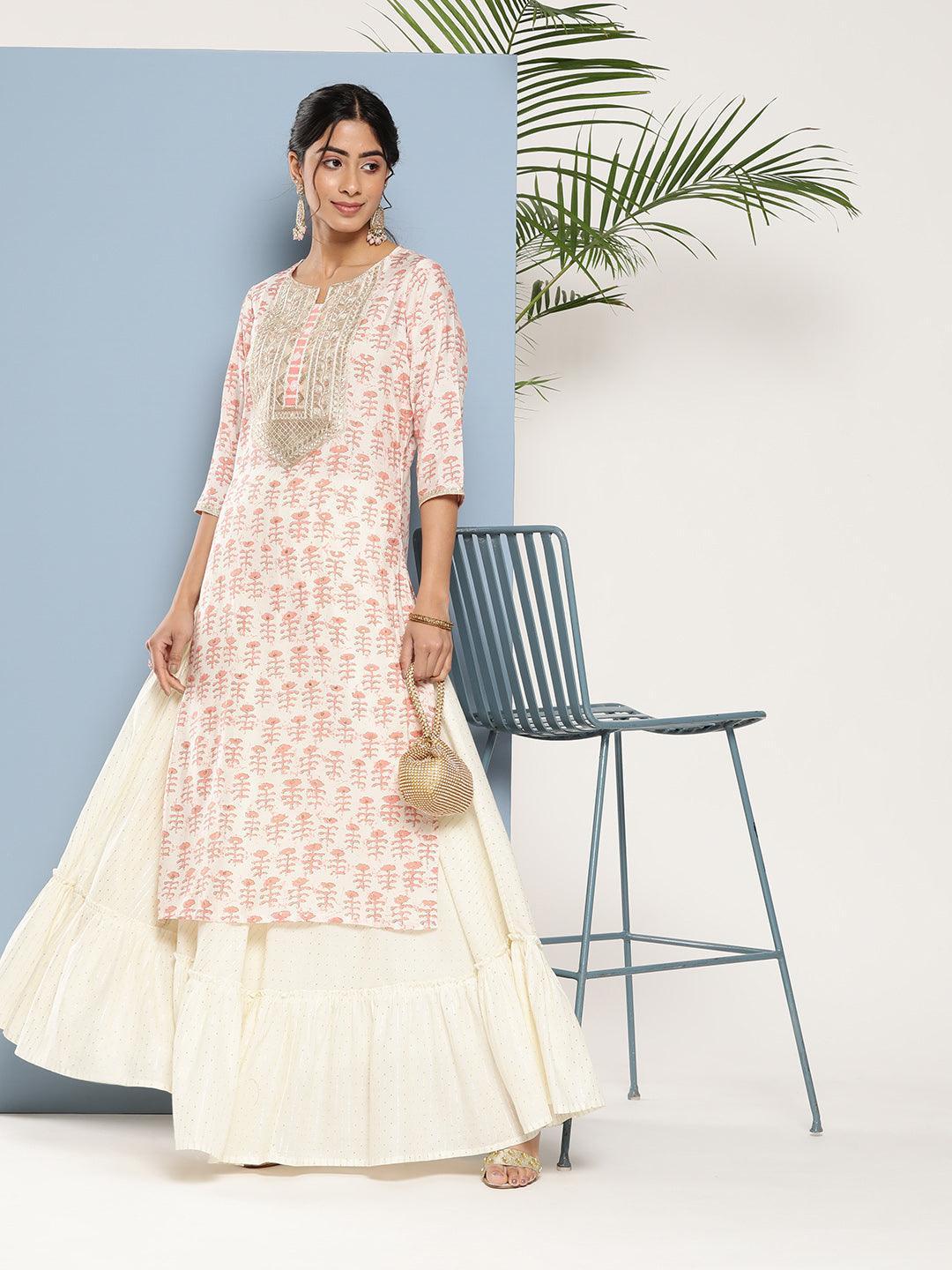 Peach Yoke Design Silk Straight Kurta