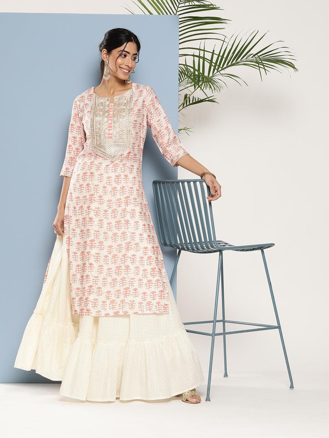 Peach Yoke Design Silk Straight Kurta