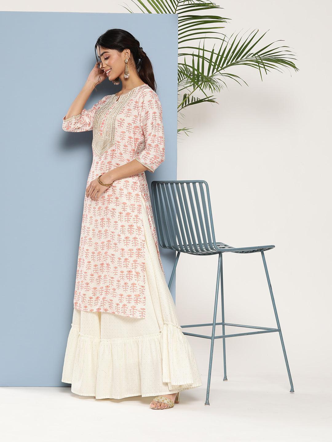 Peach Yoke Design Silk Straight Kurta