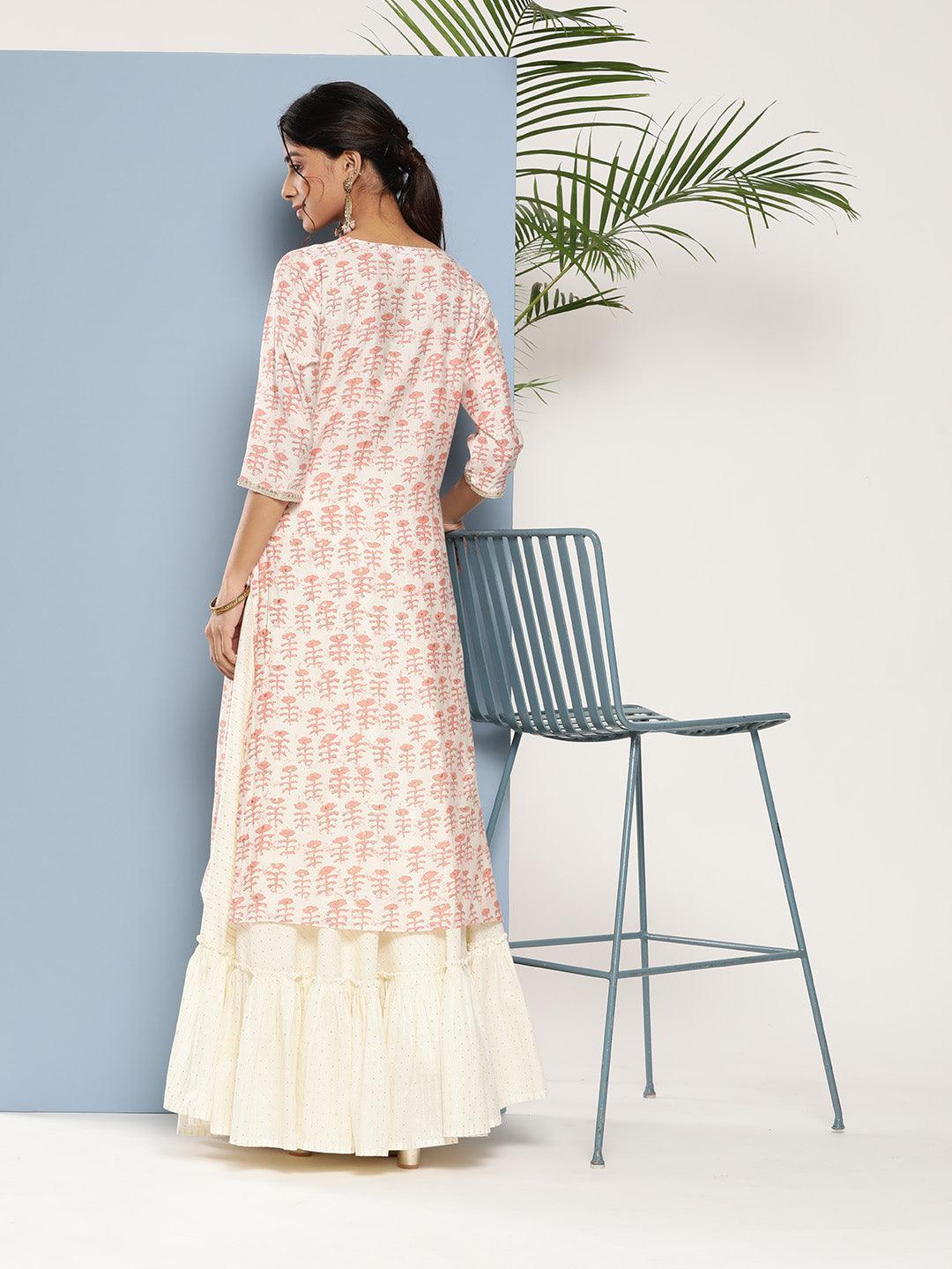 Peach Yoke Design Silk Straight Kurta