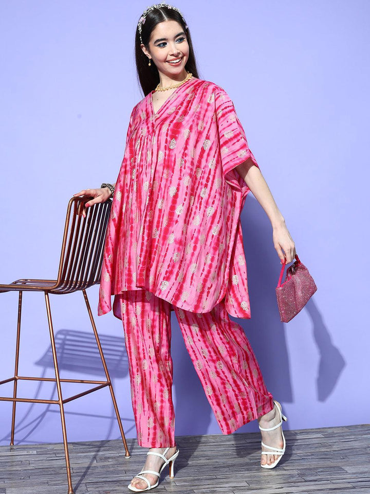 Pink Dyed Silk Blend Kaftan Kurta Set With Palazzos - ShopLibas