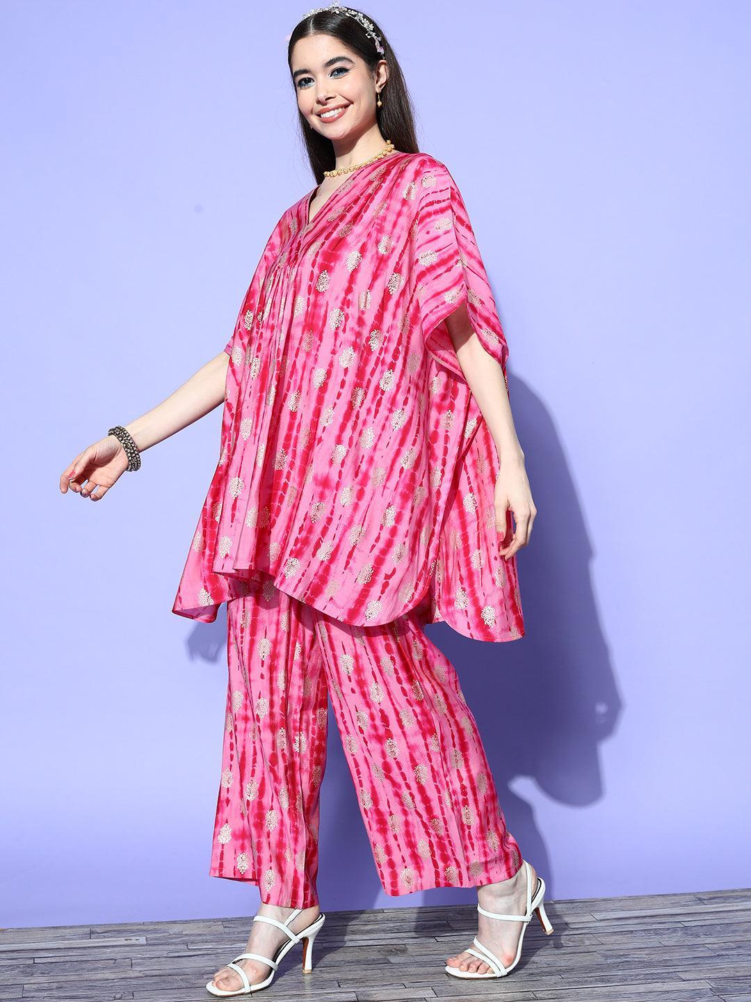 Pink Dyed Silk Blend Kaftan Kurta Set With Palazzos - ShopLibas