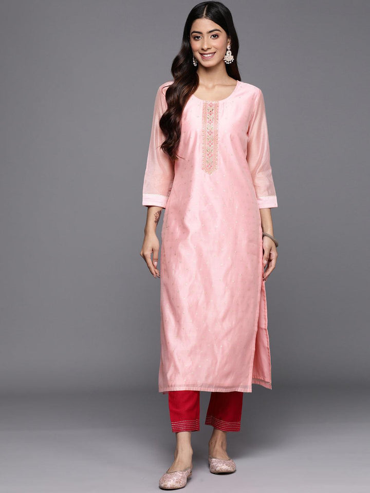 Pink Embellished Chanderi Silk Straight Kurta - ShopLibas