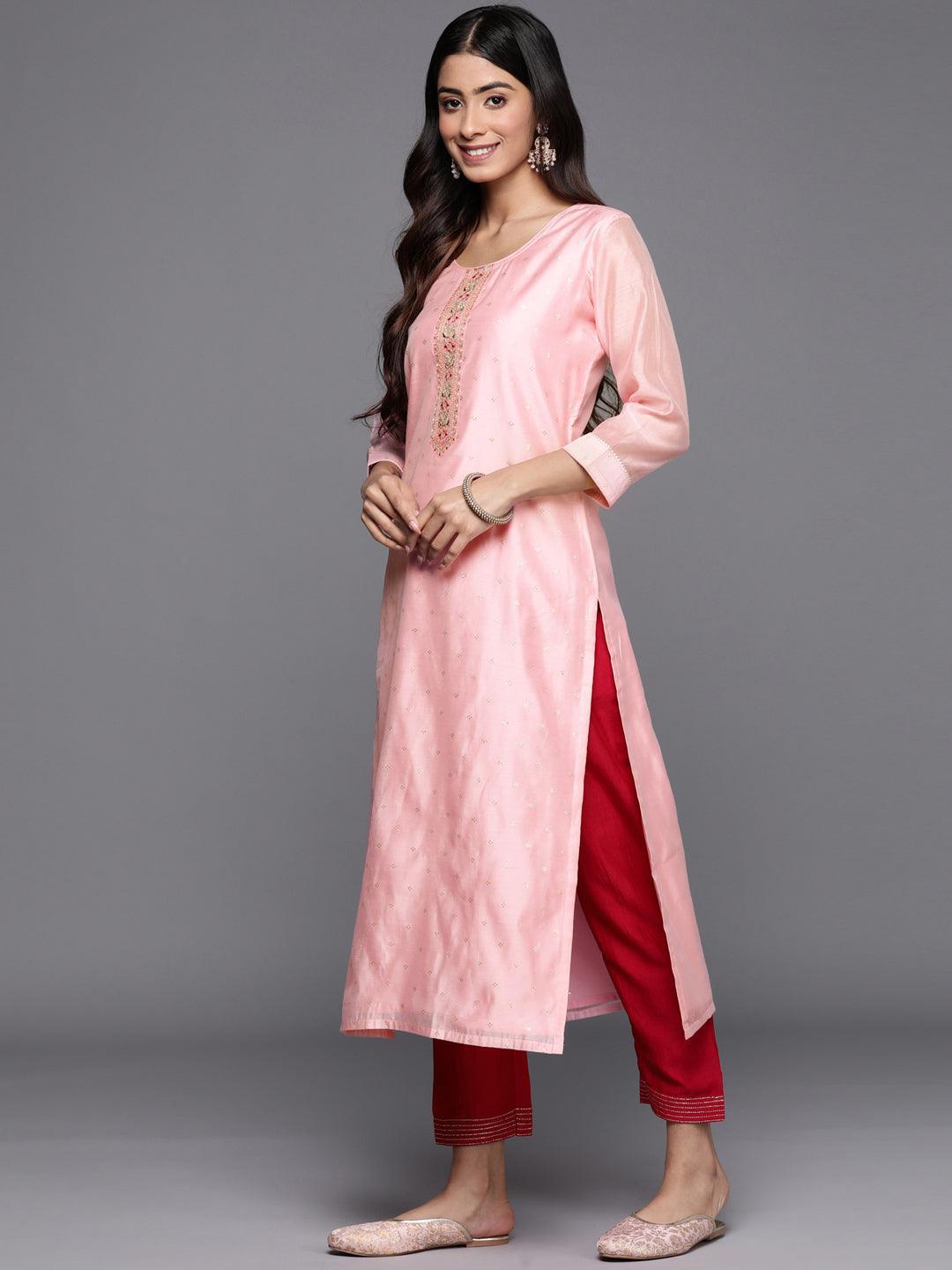 Pink Embellished Chanderi Silk Straight Kurta