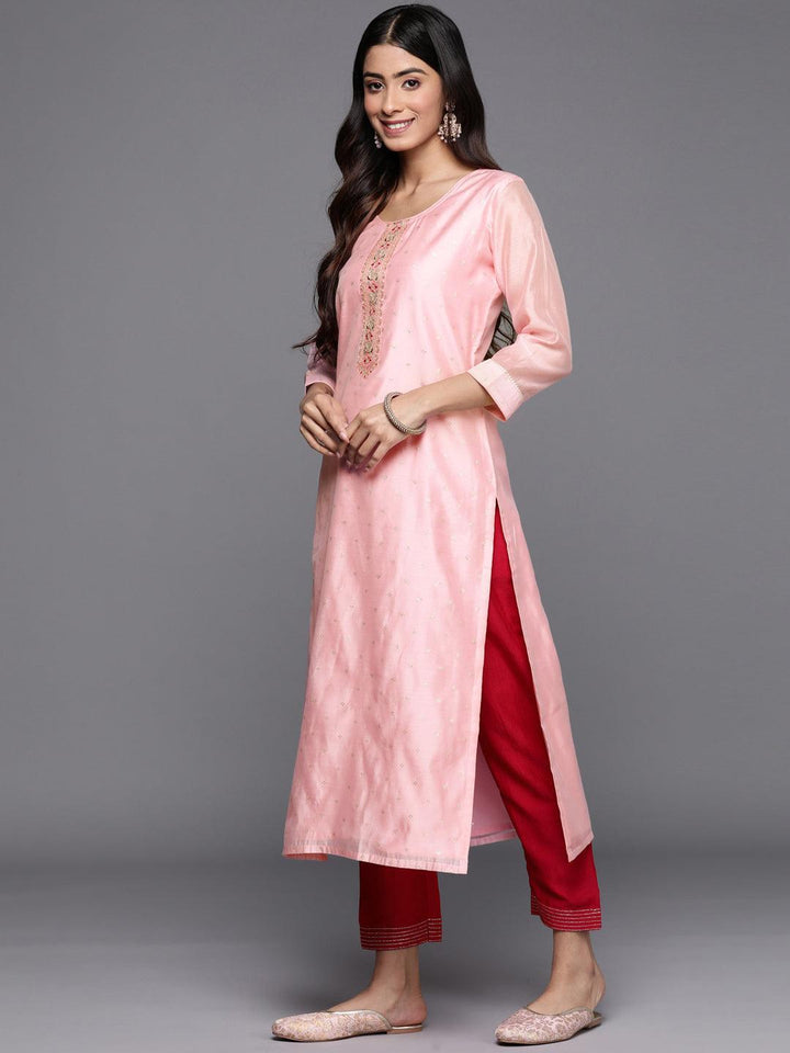 Pink Embellished Chanderi Silk Straight Kurta - ShopLibas