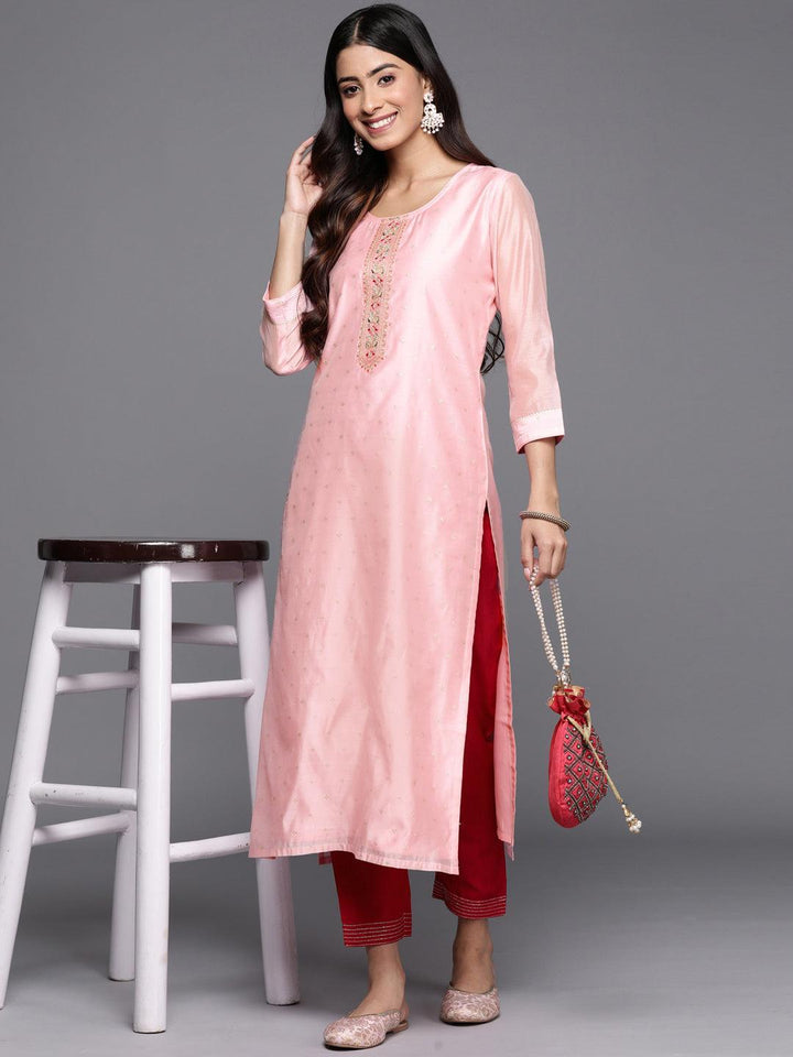 Pink Embellished Chanderi Silk Straight Kurta - ShopLibas