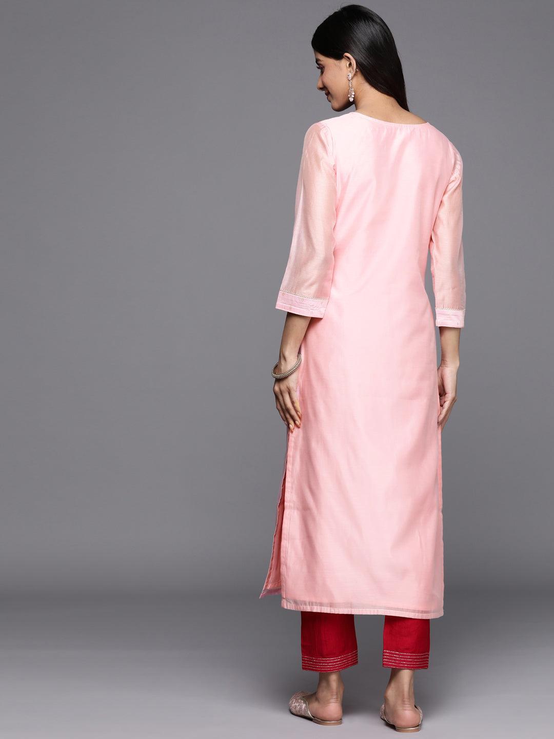 Pink Embellished Chanderi Silk Straight Kurta - ShopLibas