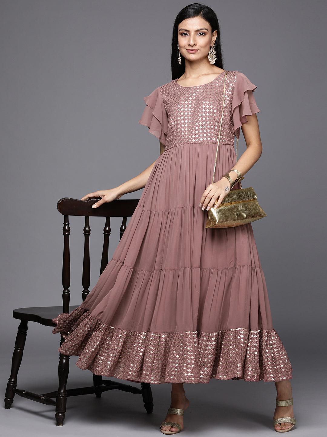 Pink Embellished Georgette Fit and Flare Dress