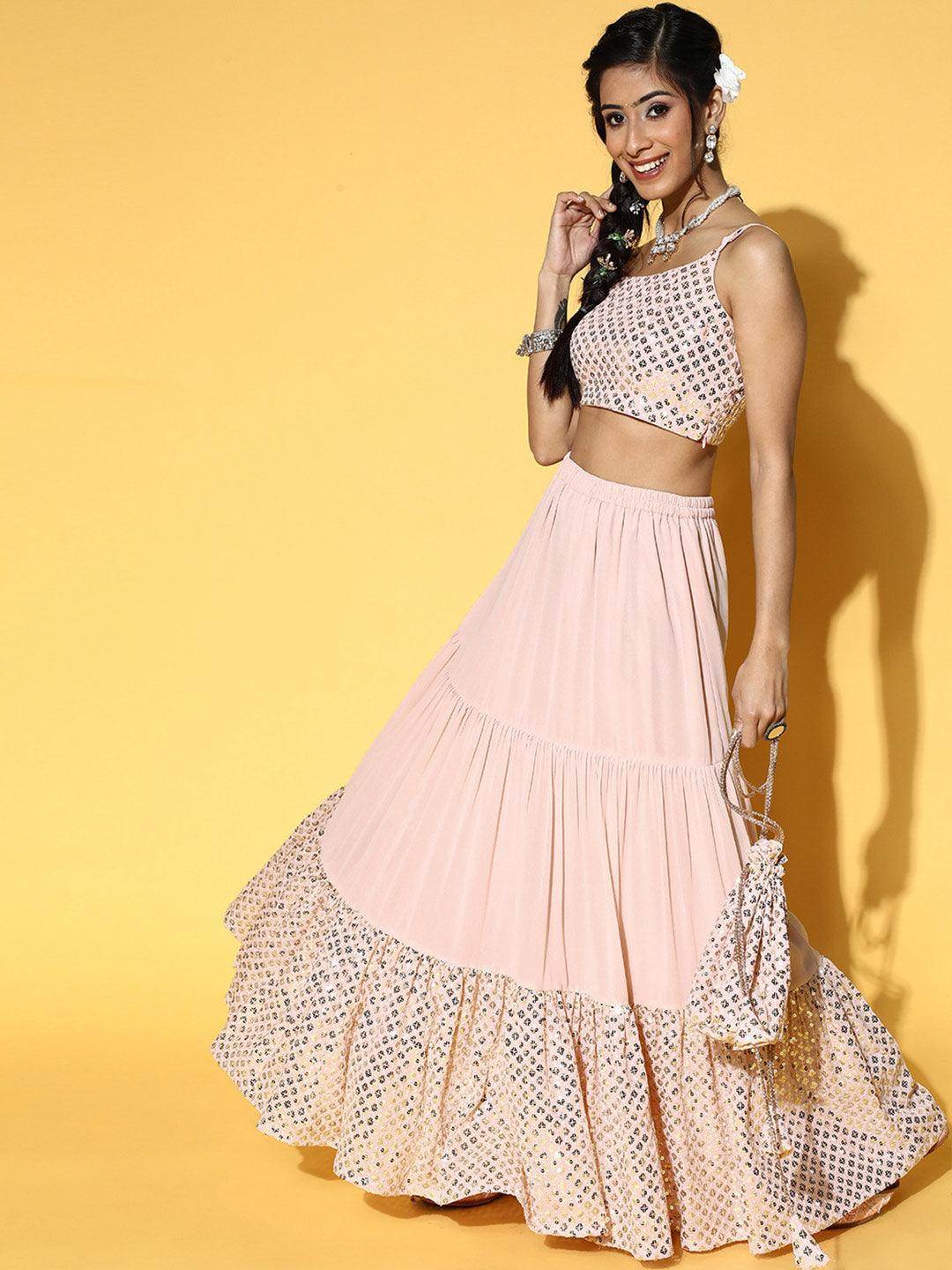 Pink Embellished Georgette Lehenga Set - ShopLibas