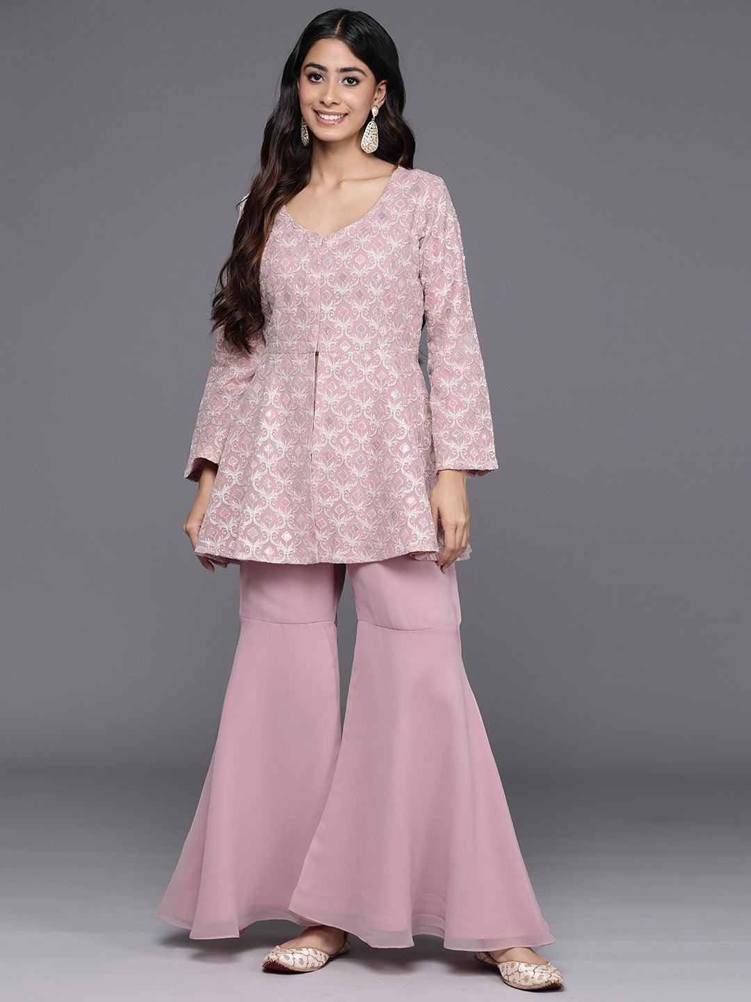 Pink Embellished Georgette Tunic With Palazzos - Libas