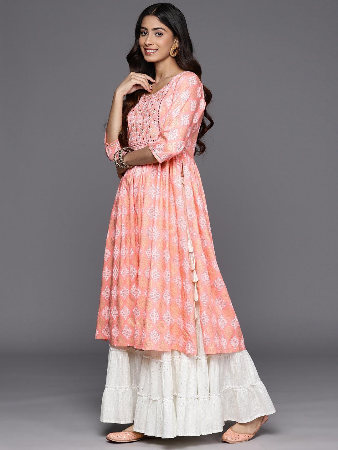 Pink Embellished Rayon A-Line Kurta