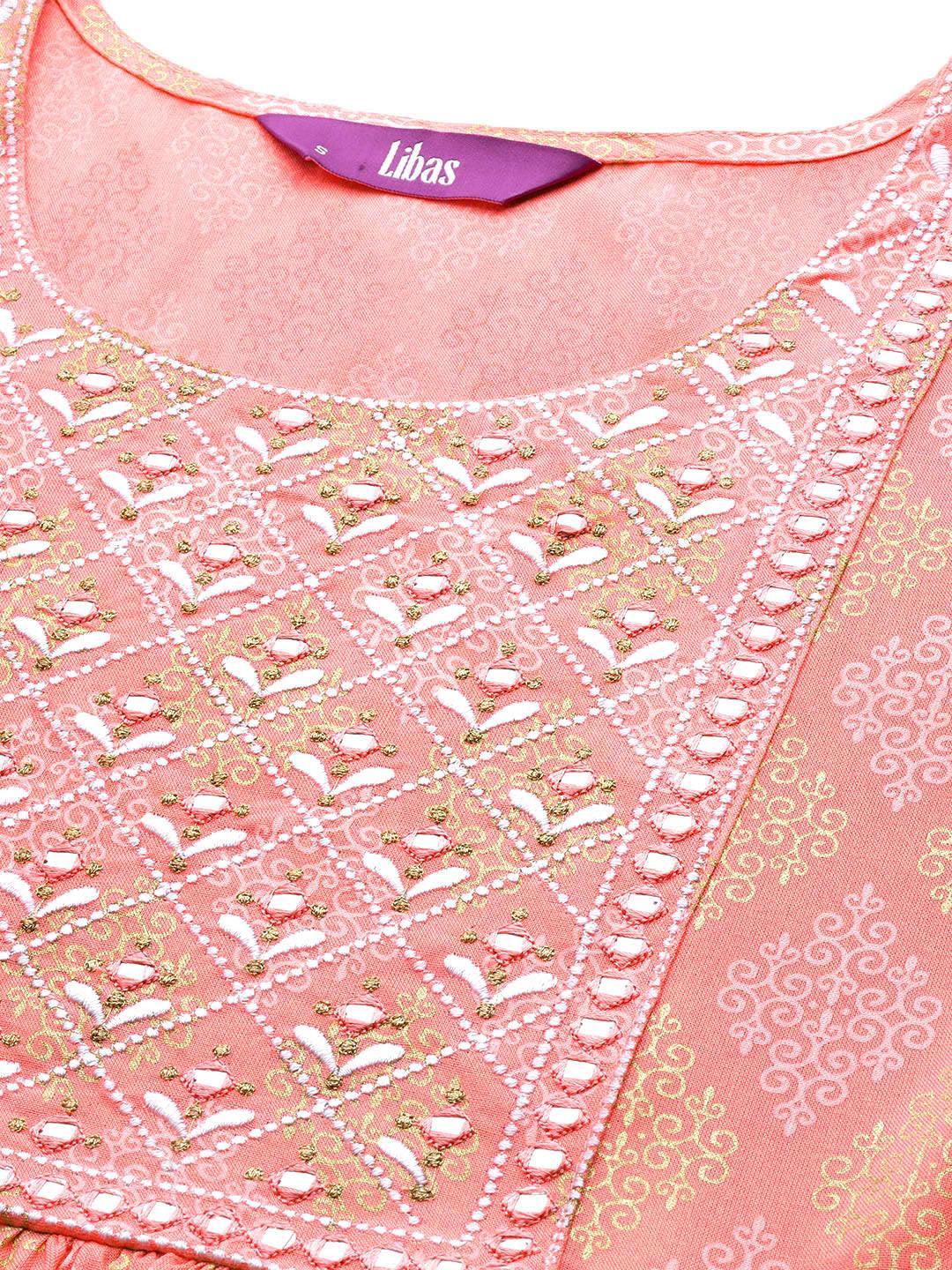 Pink Embellished Rayon A-Line Kurta