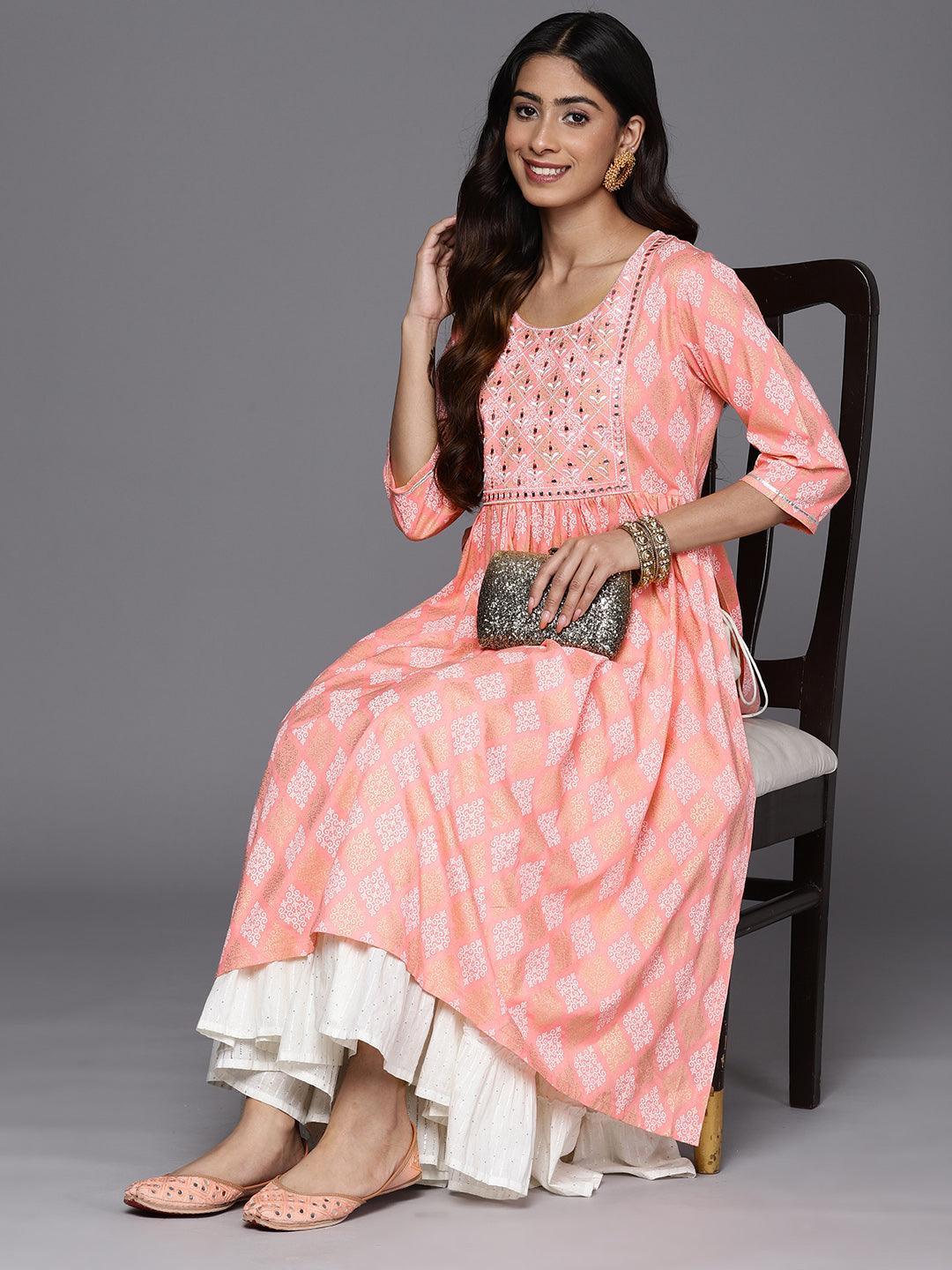 Pink Embellished Rayon A-Line Kurta