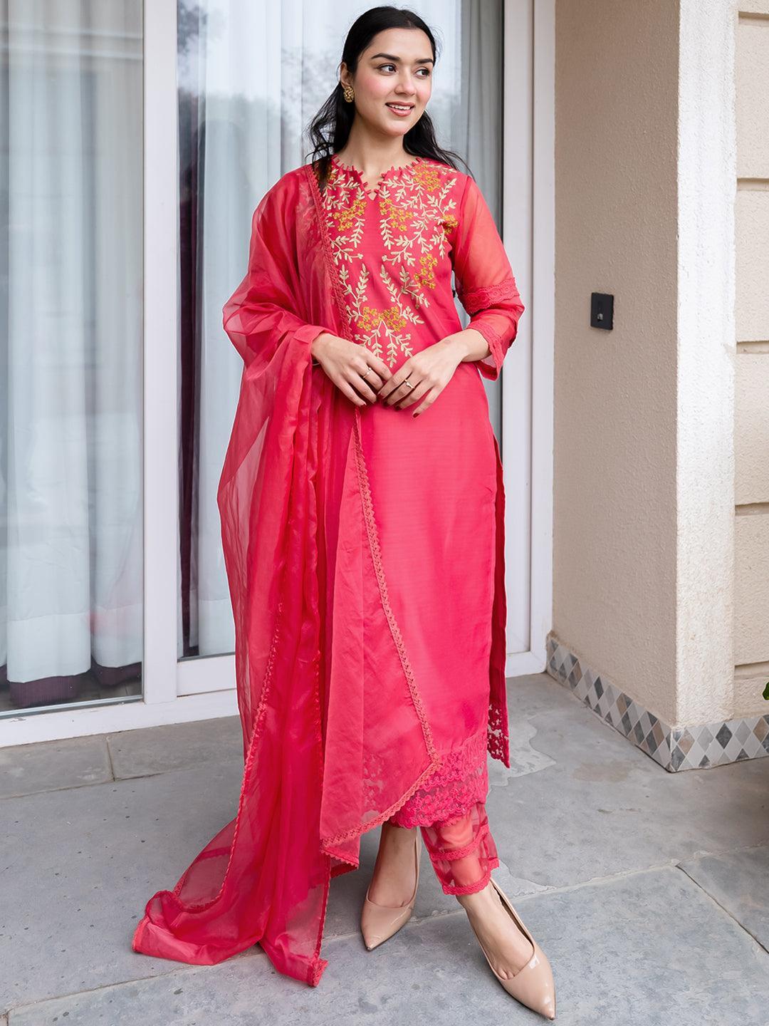 Pink Embroidered Chanderi Silk Straight Suit Set