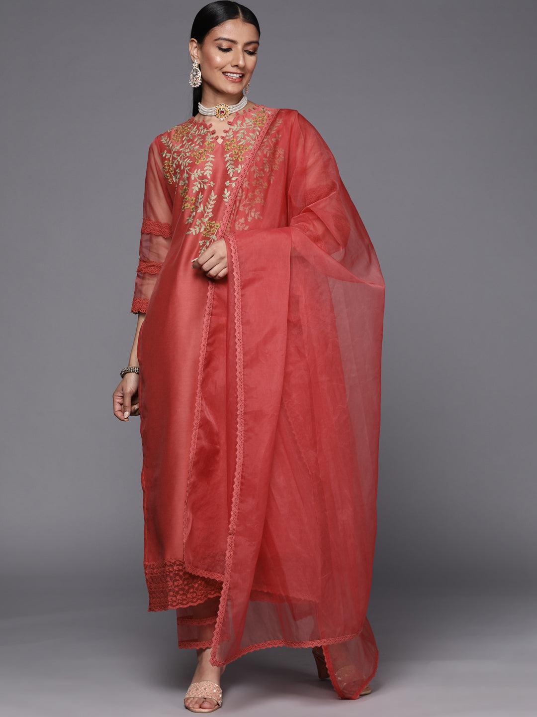 Pink Embroidered Chanderi Silk Straight Suit Set