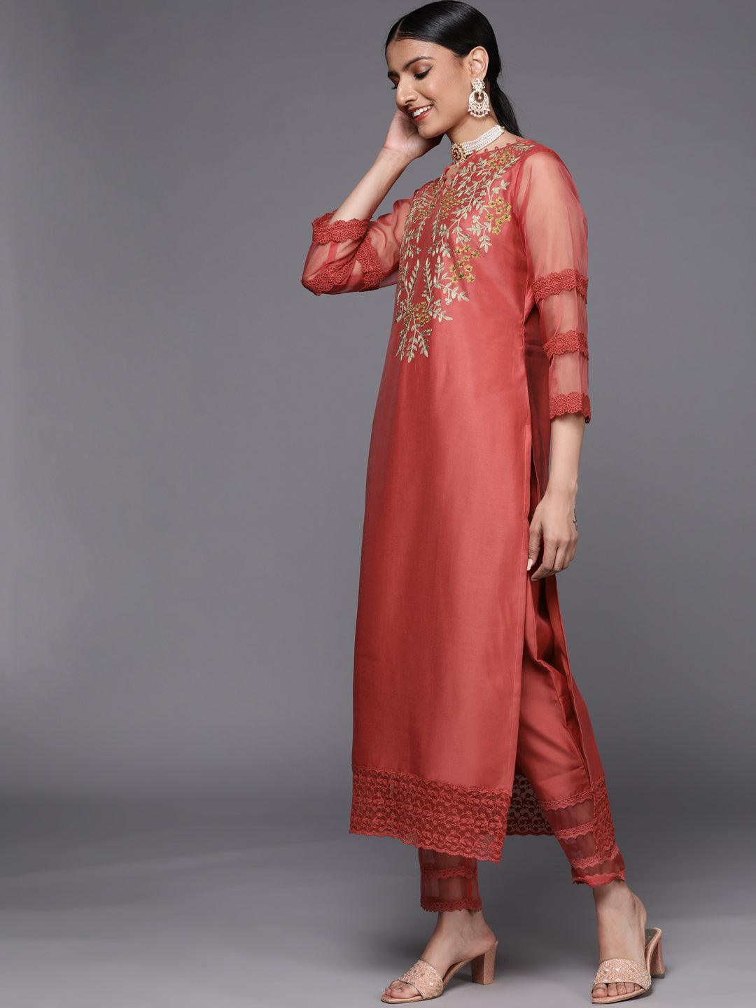 Pink Embroidered Chanderi Silk Straight Suit Set