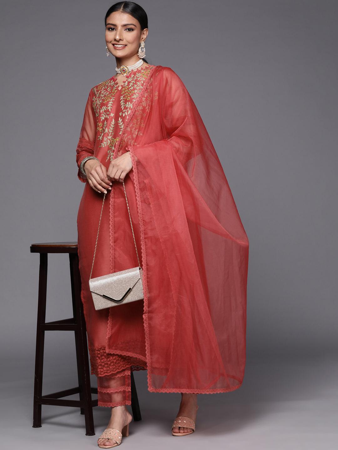 Pink Embroidered Chanderi Silk Straight Suit Set