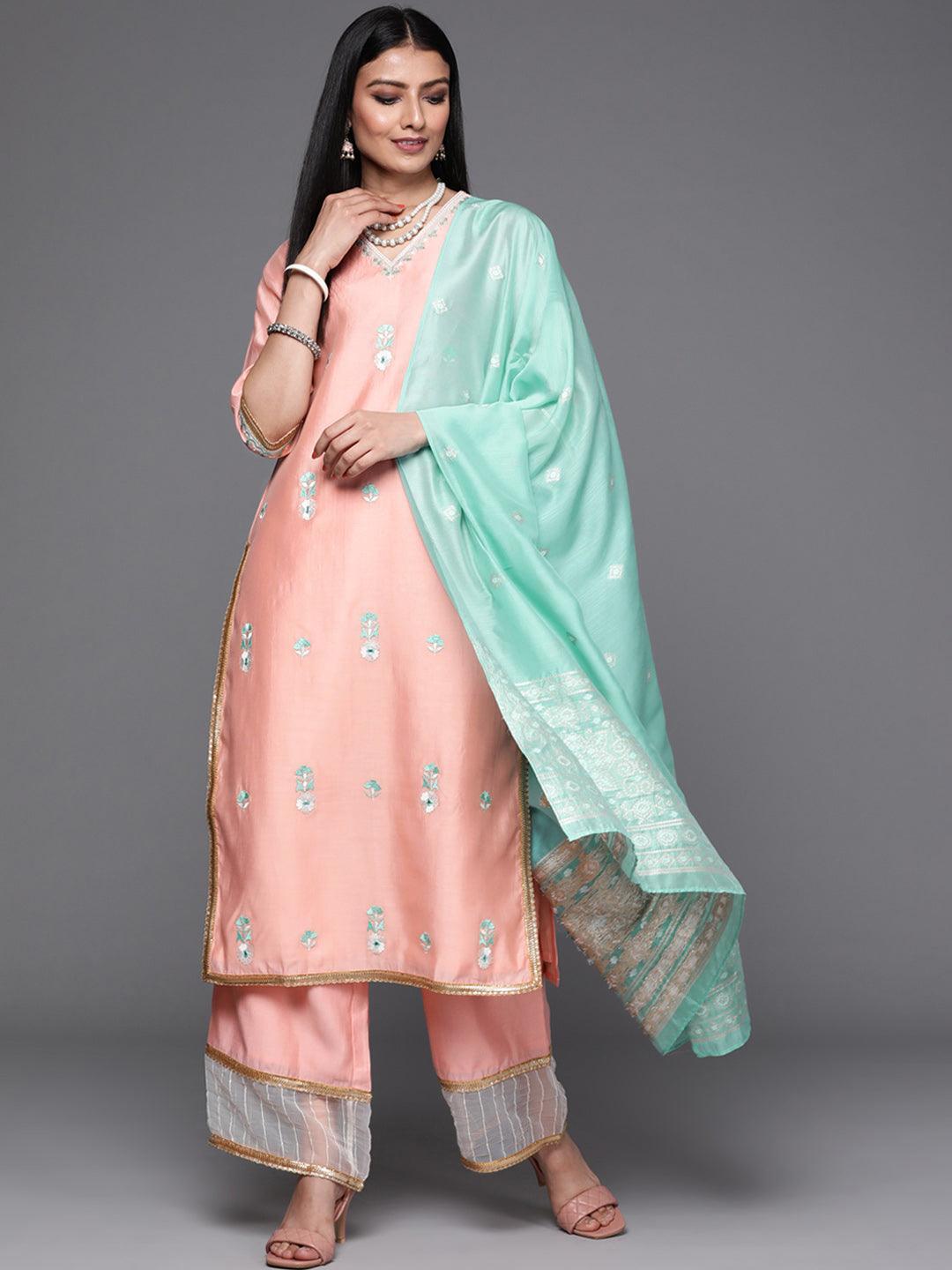 Pink Embroidered Chanderi Silk Suit Set