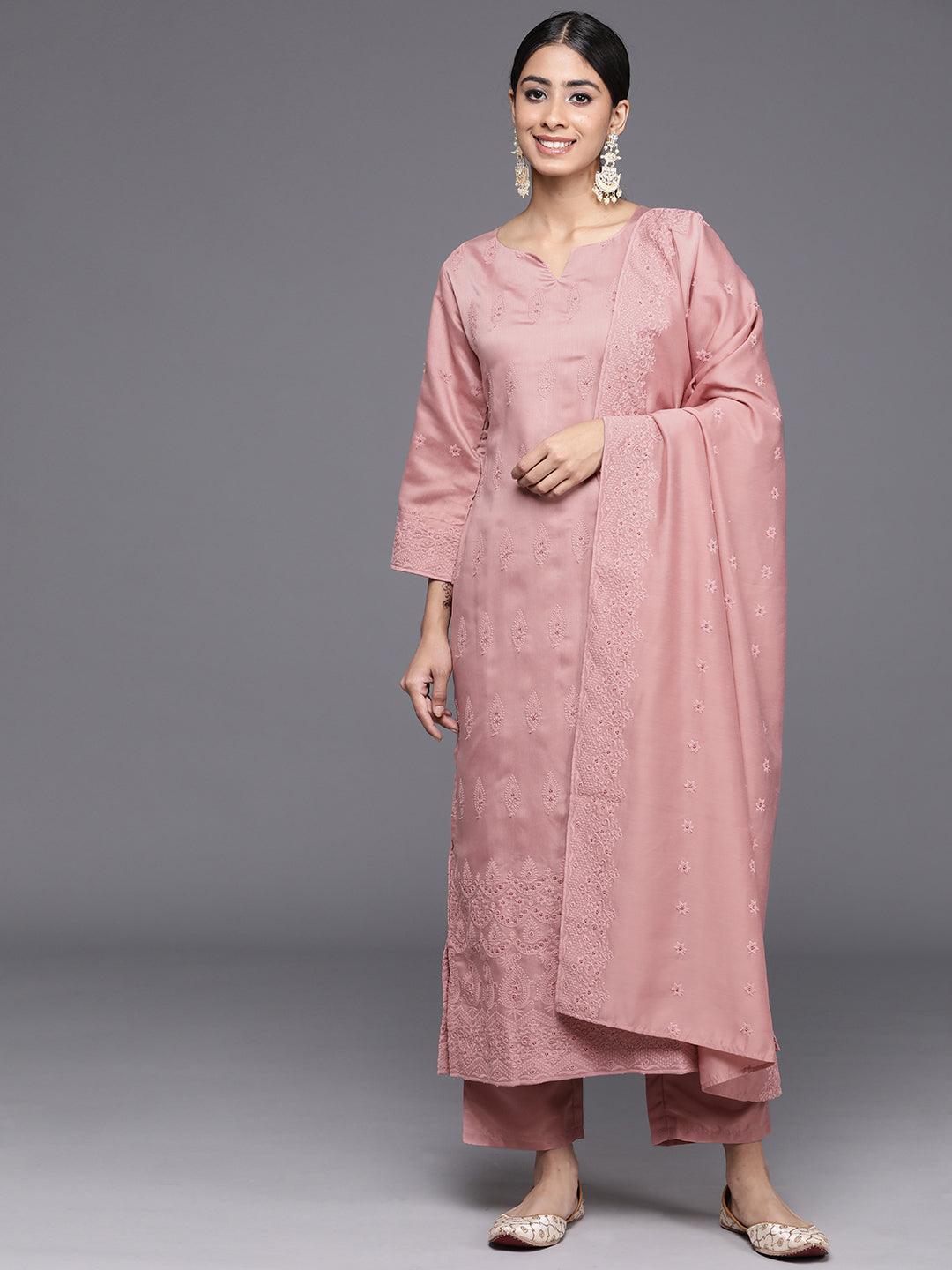 Pink Embroidered Chanderi Silk Straight Kurta With Trousers & Dupatta