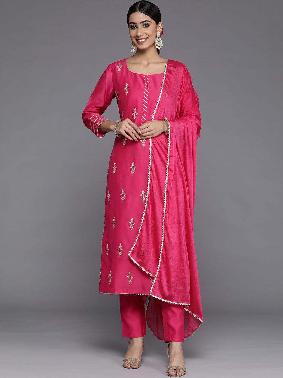 Pink Embroidered Chanderi Silk Straight Suit Set