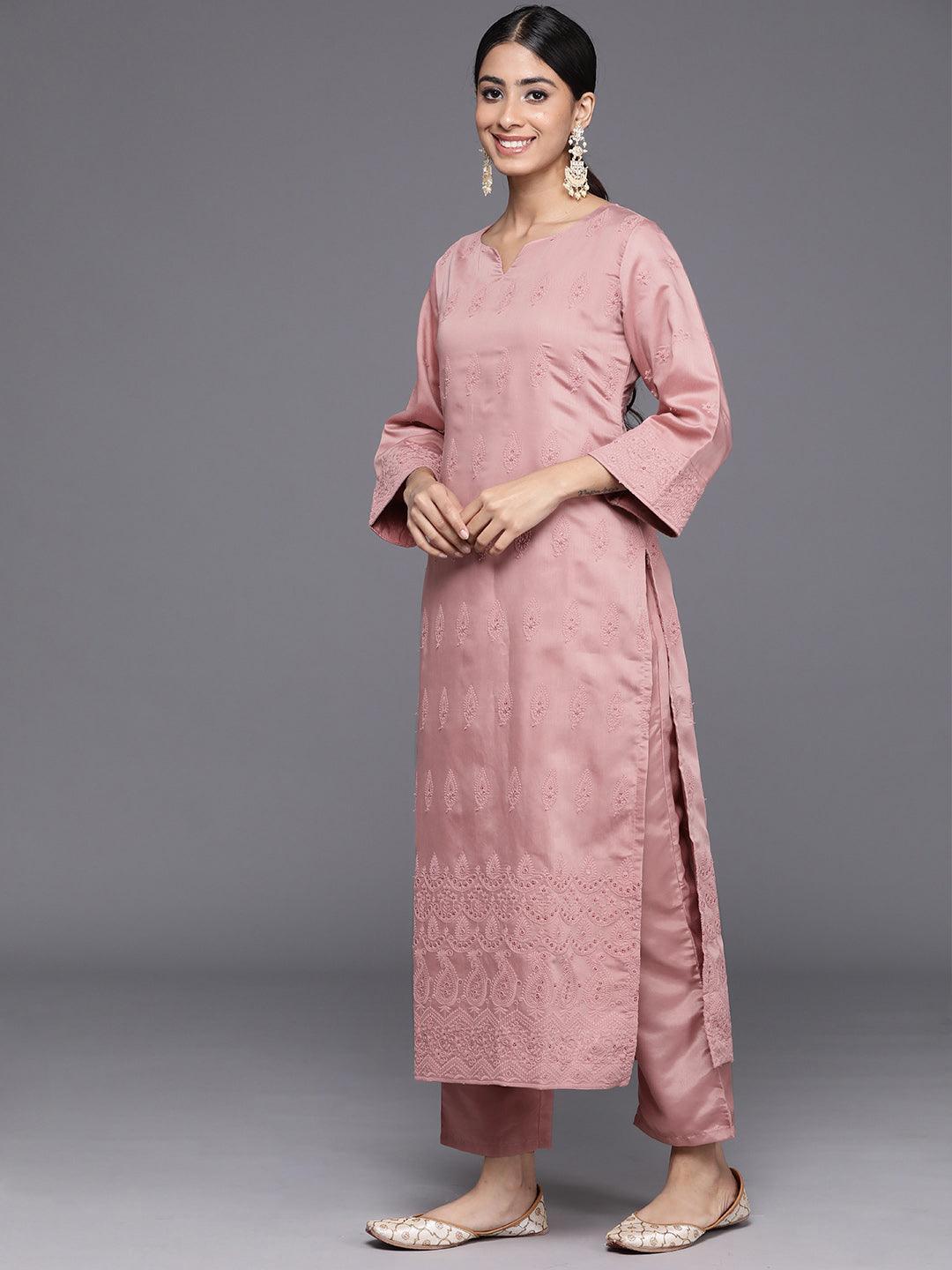 Pink Embroidered Chanderi Silk Straight Kurta With Trousers & Dupatta