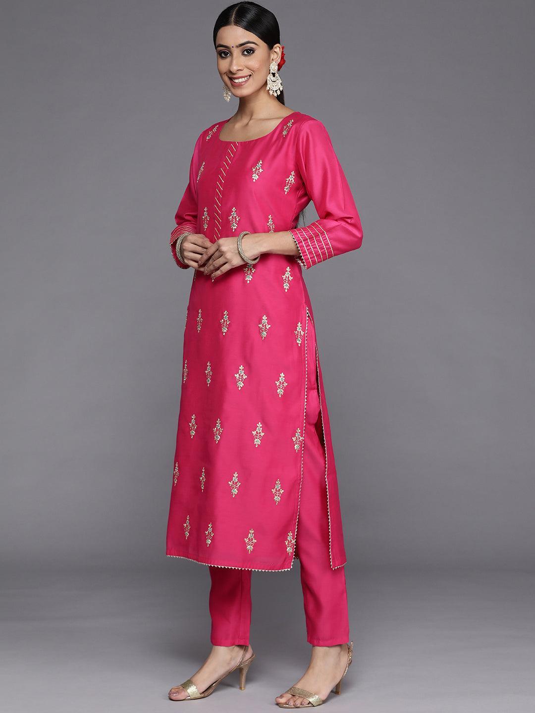 Pink Embroidered Chanderi Silk Straight Suit Set