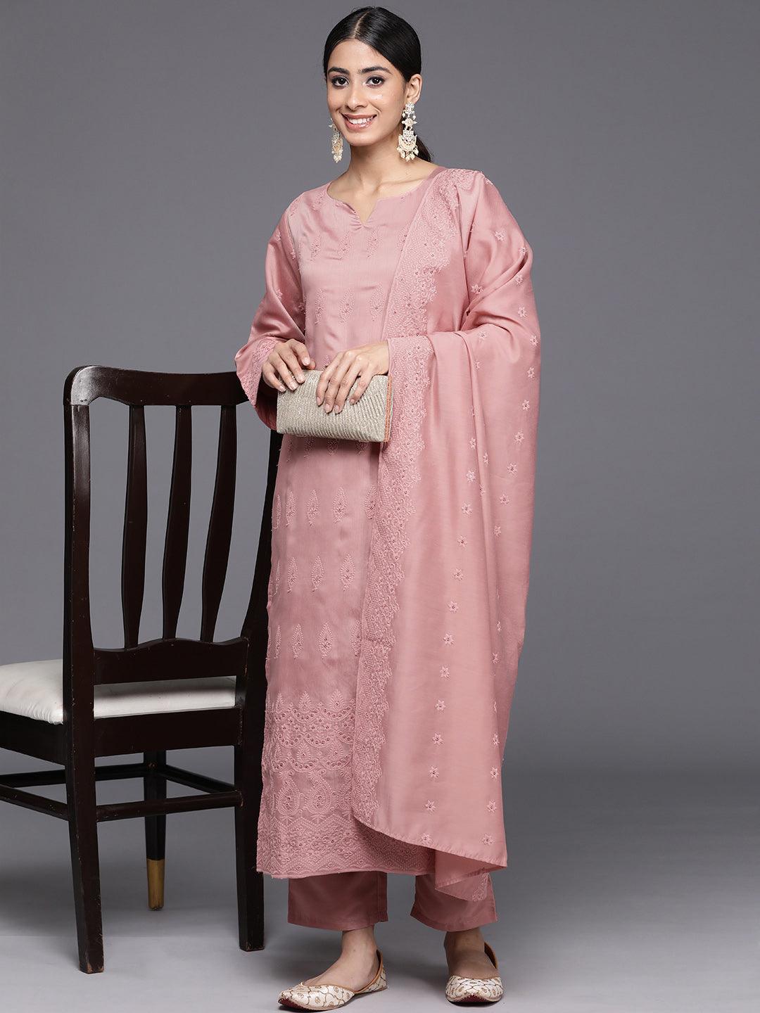 Pink Embroidered Chanderi Silk Straight Kurta With Trousers & Dupatta