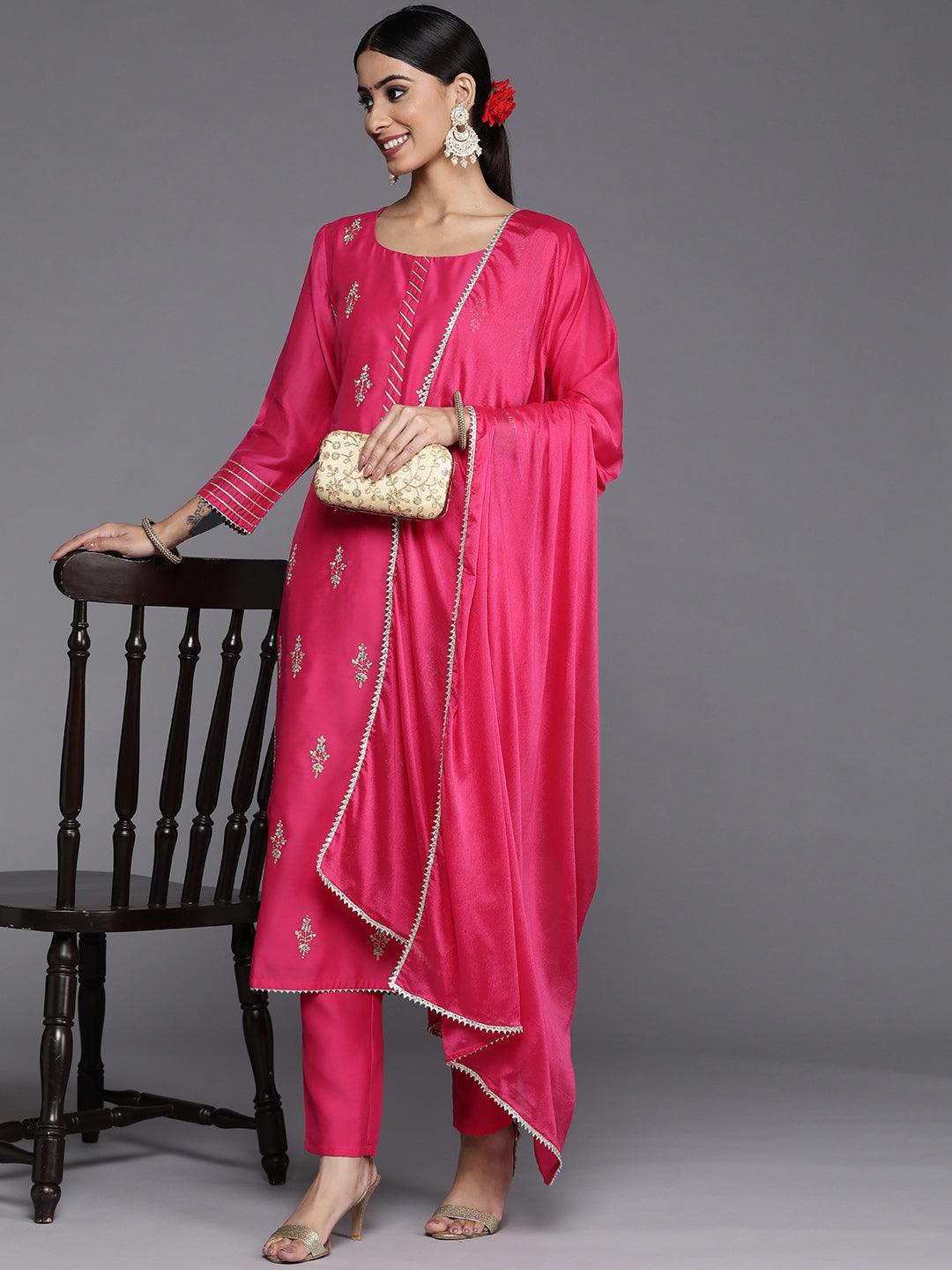 Pink Embroidered Chanderi Silk Straight Suit Set