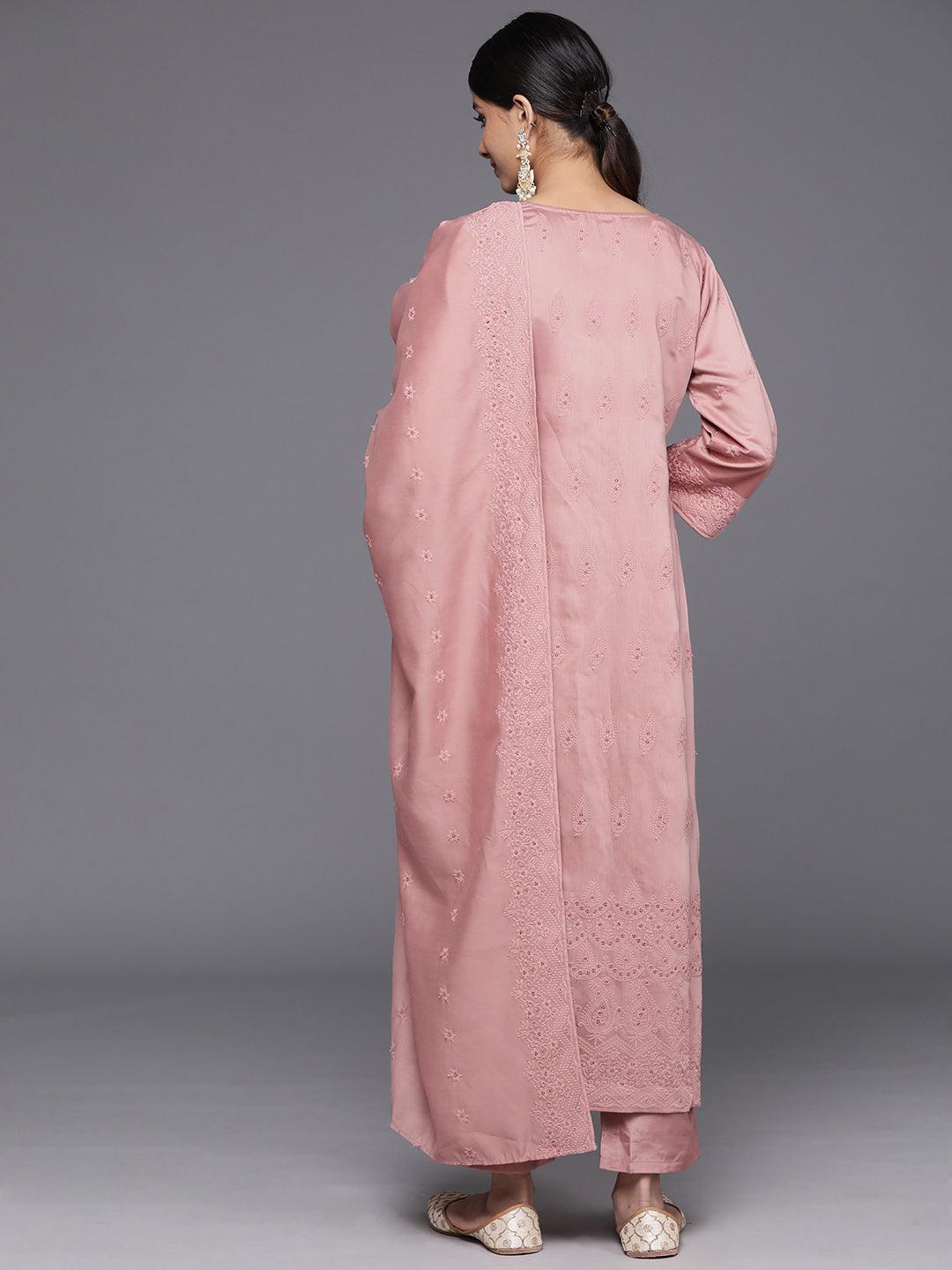 Pink Embroidered Chanderi Silk Straight Kurta With Trousers & Dupatta