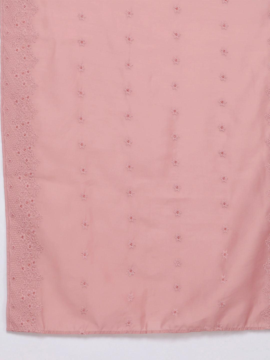 Pink Embroidered Chanderi Silk Straight Kurta With Trousers & Dupatta