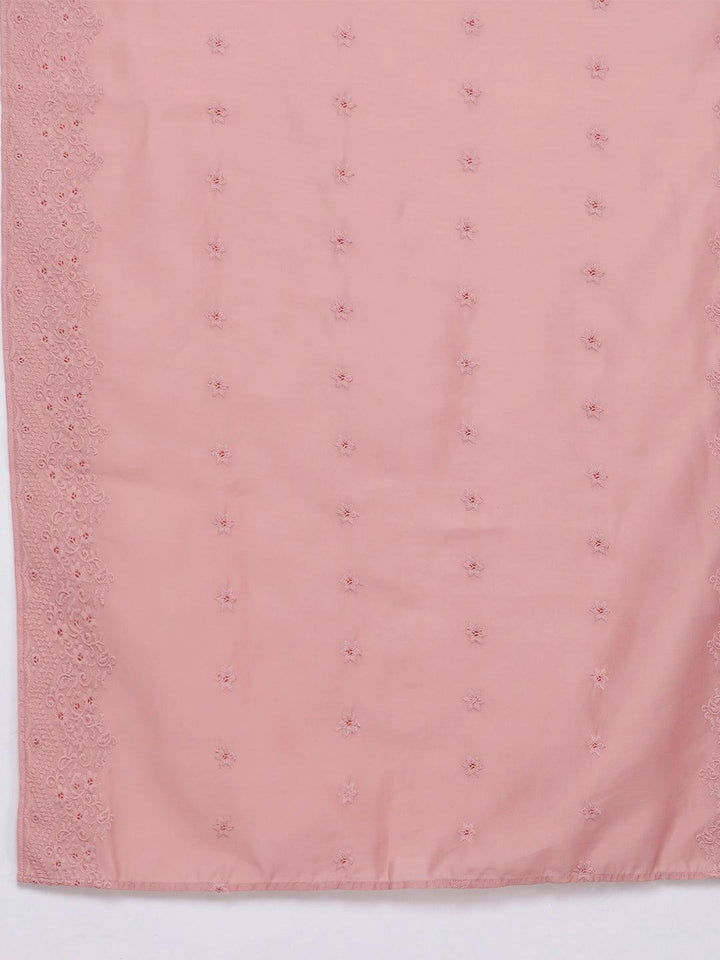 Pink Embroidered Chanderi Silk Straight Kurta With Trousers & Dupatta - Libas