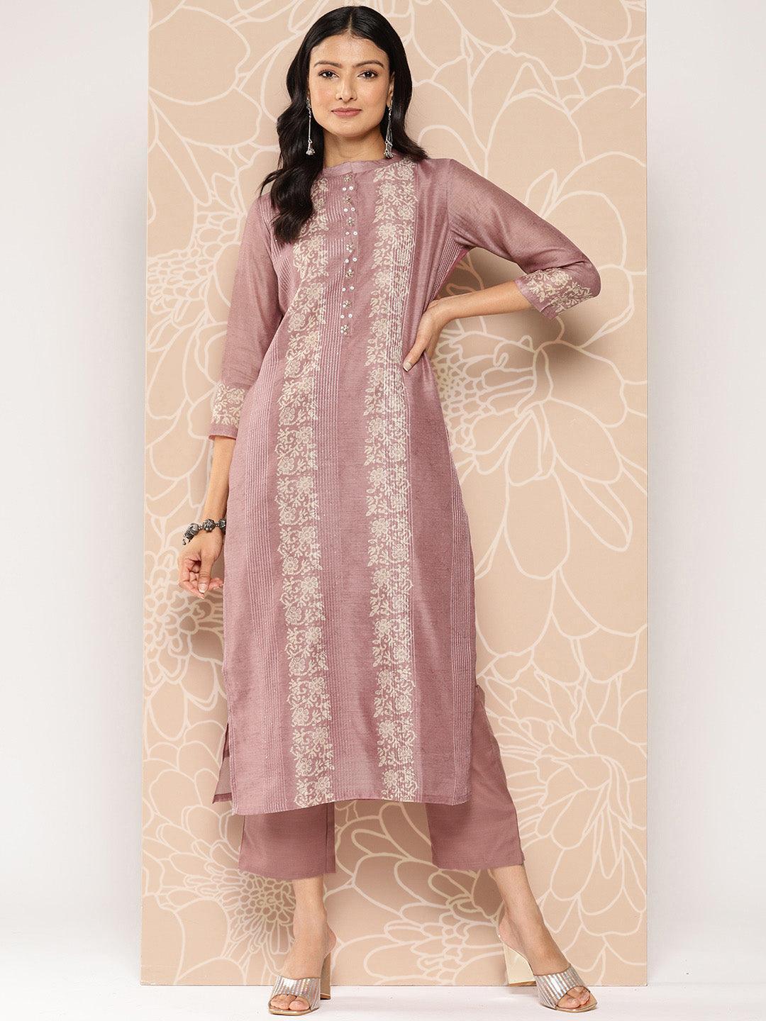 Pink Embroidered Chanderi Silk Straight Kurta With Trousers