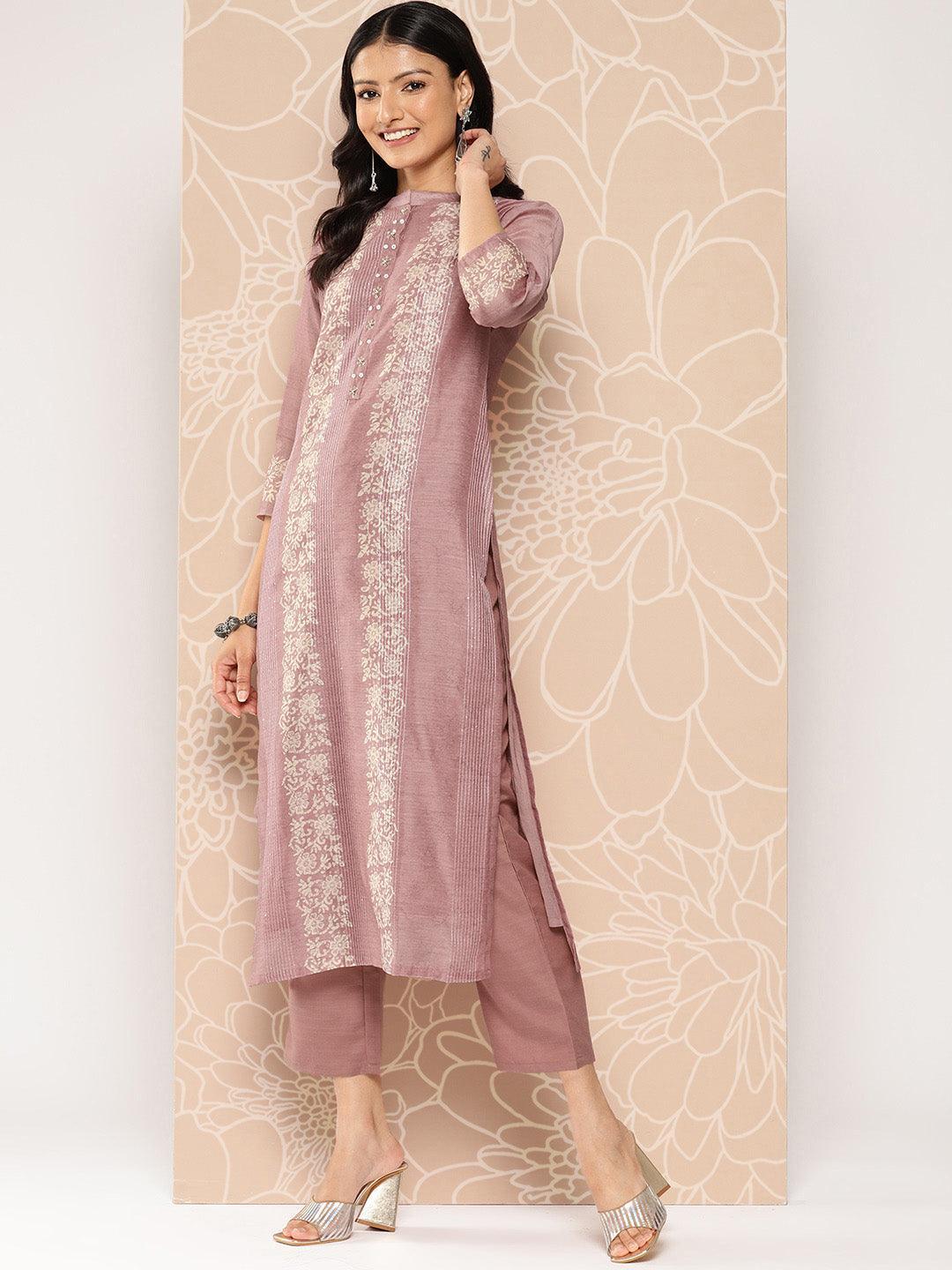 Pink Embroidered Chanderi Silk Straight Kurta With Trousers