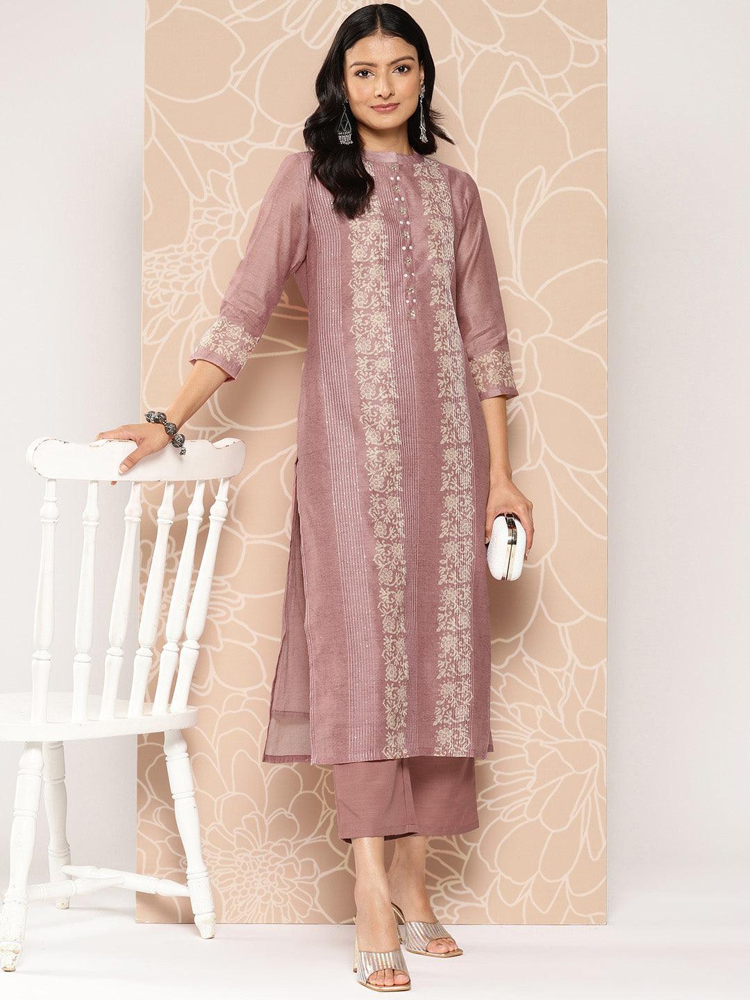 Pink Embroidered Chanderi Silk Straight Kurta With Trousers