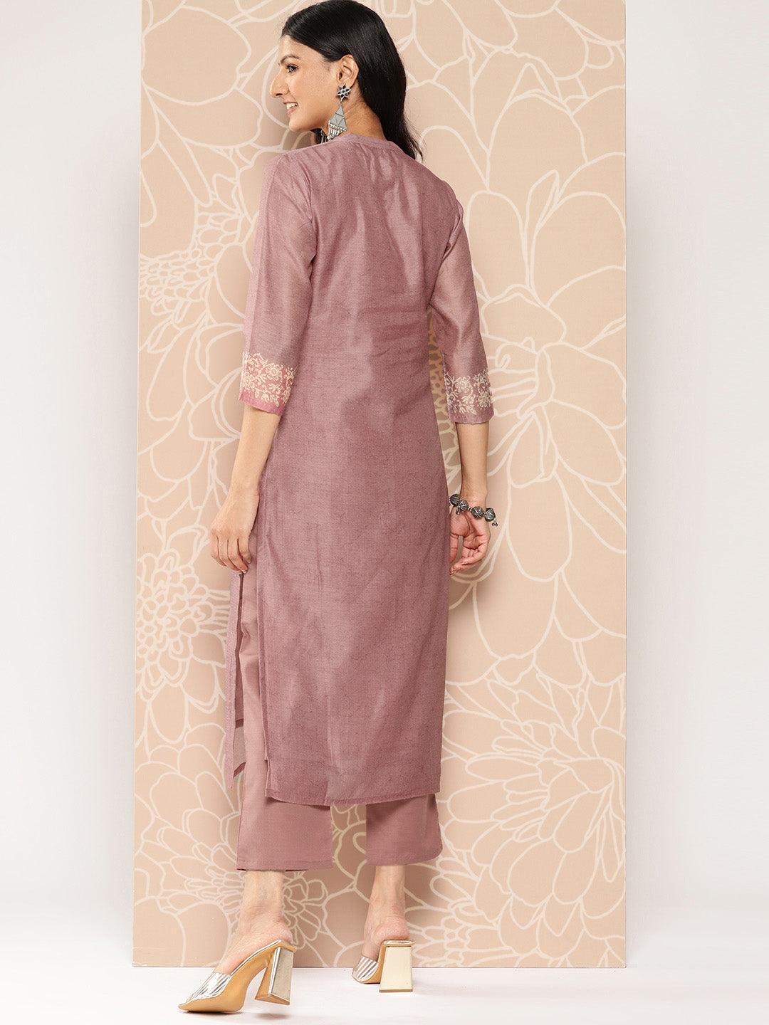 Pink Embroidered Chanderi Silk Straight Kurta With Trousers