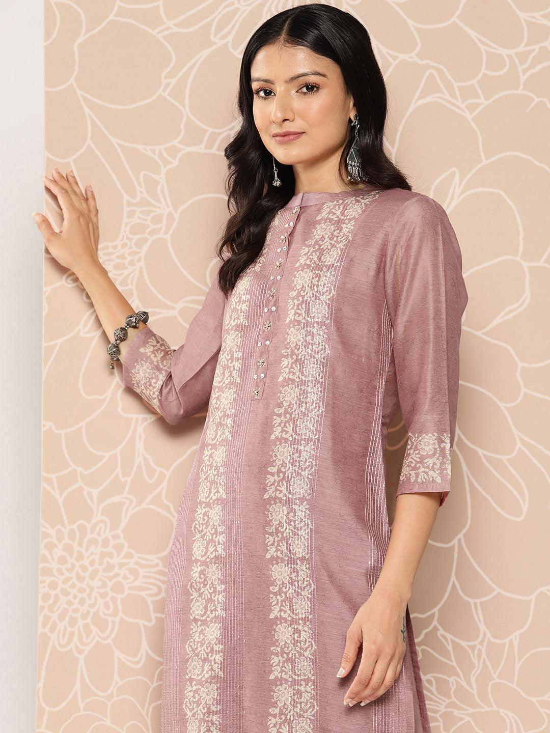 Pink Embroidered Chanderi Silk Straight Kurta With Trousers