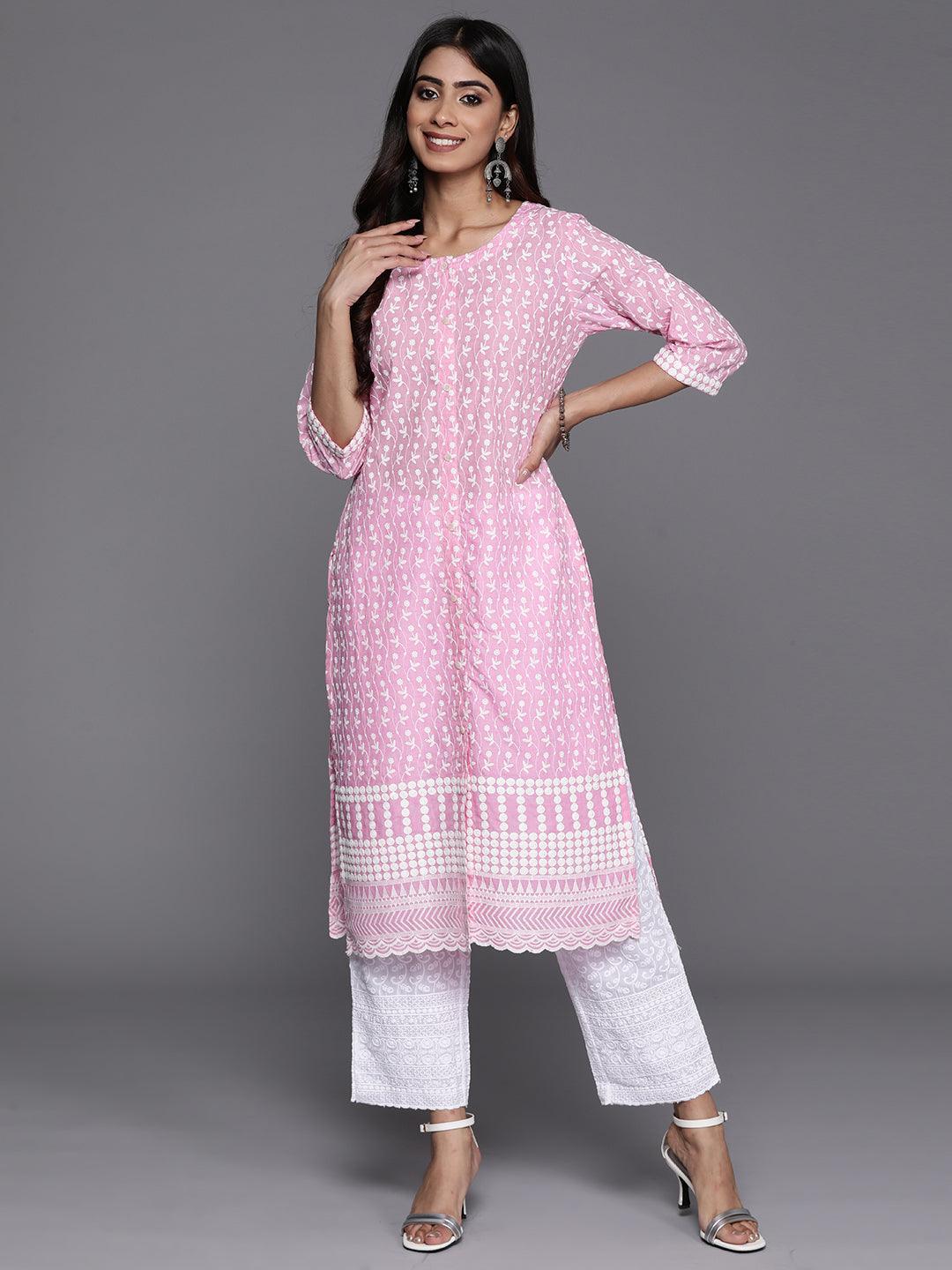 Pink Embroidered Cotton Straight Kurta