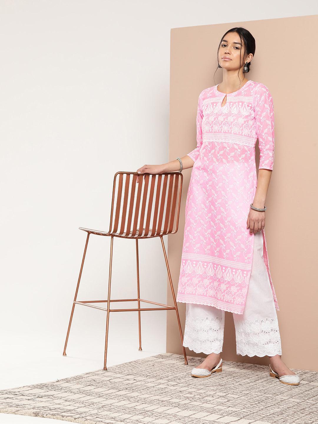 Pink Embroidered Cotton Straight Kurta