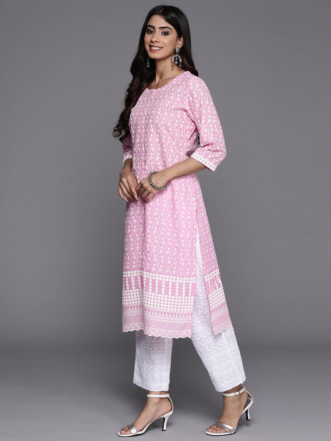 Pink Embroidered Cotton Straight Kurta