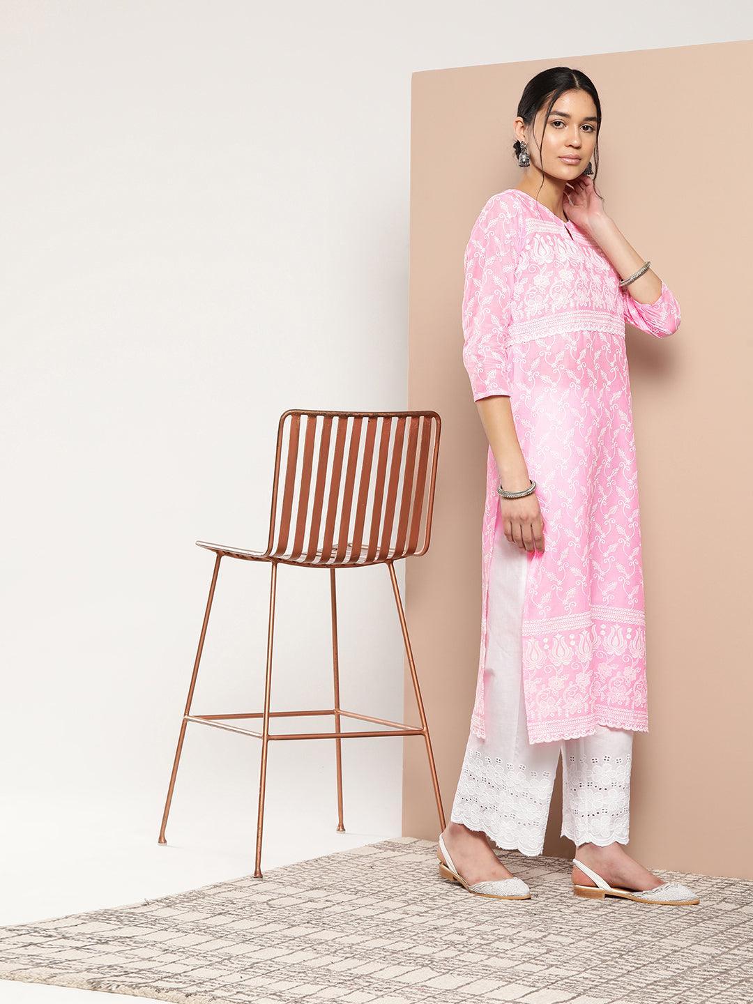 Pink Embroidered Cotton Straight Kurta